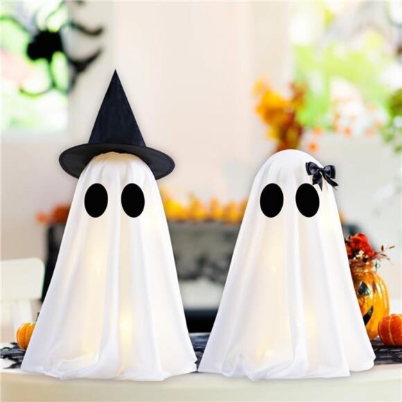 Set of 2 Light Up Halloween Ghost Decorations with Timer for DIY Spooky Display - Picture 6 of 7